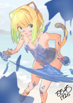 1girl animal_ear_fluff animal_ears artist_name beach blonde_hair bodypaint breasts can cat_ears cat_girl cat_tail censored convenient_censoring day green_eyes highres holding holding_can holding_paintbrush knees_together_feet_apart large_breasts looking_at_viewer messy_hair naked_paint nude ocean original outdoors paint_can paint_splatter paintbrush sandals short_hair sidelocks signature solo standing tail totomoto