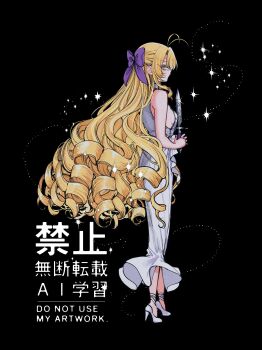 1girl bare_shoulders black_background blonde_hair bow commentary_request dress drill_hair from_behind full_body hair_biw high_heels highres holding holding_knife knife long_hair looking_back mishiro_(shiboyugi) multiple_drills murasaki_pomeranian purple_bow shibou_yuugi_de_meshi_wo_kuu. shoes simple_background sleeveless sleeveless_dress solo standing white_dress white_shoes