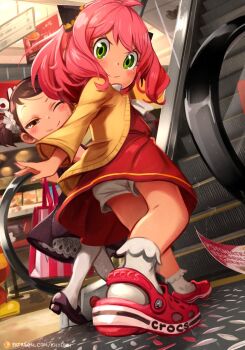 2girls ahoge anya_(spy_x_family) bag becky_blackbell black_dress black_footwear blush bomb brown_eyes brown_hair cardigan closed_mouth commentary crocs dress drip_(meme) dutch_angle english_commentary escalator explosive flipped_hair frilled_legwear full_body gold_trim green_eyes hair_ornament hair_scrunchie highres indoors khyle. long_hair long_sleeves looking_at_viewer mall mary_janes multiple_girls one_eye_closed pink_hair red_dress red_footwear scrunchie shoes shopping shopping_bag short_hair shorts shorts_under_skirt smile socks split_mouth spy_x_family straight_hair swept_bangs twintails underskirt v-shaped_eyebrows victoria's_secret white_scrunchie white_shorts white_socks yellow_cardigan