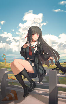1girl absurdres black_cat black_choker black_hair black_jacket black_serafuku black_shirt black_shoes black_skirt black_socks blue_sky bright_pupils cat chisa_(wuthering_waves) choker closed_mouth commentary_request evening hair_ribbon hand_up highres id_card jacket jishou_kusaboukun long_hair long_sleeves looking_at_animal neckerchief on_railing outdoors partial_commentary railing reaching reaching_towards_another red_eyes red_neckerchief red_ribbon ribbon sailor_collar school_uniform serafuku shirt shoes sitting skirt sky smile socks solo white_pupils white_sailor_collar wuthering_waves