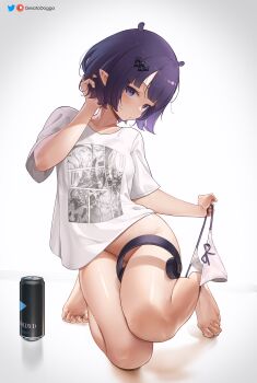 1girl barefoot blunt_bangs blush bottomless character_print energy_drink feet gawr_gura greatodoggo hair_ornament headphones highres hololive hololive_english looking_at_viewer mole mole_under_eye mori_calliope ninomae_ina'nis ninomae_ina'nis_(loungewear) panties panties_around_leg panties_around_one_ankle panty_pull parted_lips patreon_logo patreon_username pointy_ears purple_eyes purple_hair shirt short_sleeves solo takanashi_kiara thighs toes twitter_logo underwear virtual_youtuber watson_amelia white_shirt