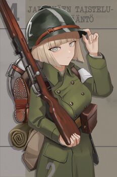 1girl absurdres armband belt blonde_hair blue_eyes blunt_bangs bob_cut bolt_action boots breasts brown_bag brown_belt brown_boots brown_coat buttons closed_mouth coat combat_helmet commentary cowboy_shot double-breasted english_commentary expressionless finnish_army finnish_civil_war finnish_text gun hand_up helmet highres klottinen knife_sheath large_breasts long_sleeves looking_at_viewer military military_uniform mosin-nagant original pouch rifle sheath simple_background snowshoes translation_request trench_coat unworn_boots weapon white_armband