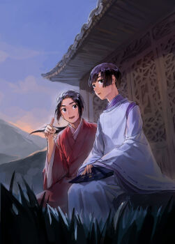 2boys absurdres akaiito_sh architecture axis_powers_hetalia black_hair brown_eyes china_(hetalia) chinese_clothes cloud cloudy_sky detached_sleeves east_asian_architecture evening floating_hair grass hand_fan hand_up hanfu highres holding holding_fan house japan_(hetalia) japanese_clothes kariginu kimono long_hair long_sleeves looking_at_another looking_to_the_side low_ponytail male_focus moon_print mountain multiple_boys open_mouth outdoors pointing ponytail purple_shirt purple_sky red_hanfu shirt short_hair sitting sky smile teeth white_kimono white_sleeves wide_sleeves