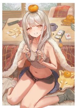1girl absurdres animal bare_arms bowl breasts brown_eyes cellphone commentary_request controller cup dog dolphin_shorts food food_on_head fruit grey_hair grey_shorts grin highres indoors kotatsu long_hair looking_at_viewer mandarin_orange matsuoka_(mtok_0) mug nail_polish navel notice_lines object_on_head original phone purple_nails remote_control short_shorts shorts small_breasts smile solo stomach table
