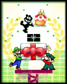anniversary cake carrying evolution facial_hair food game_&amp;_watch hat highres luigi mario mario_(series) mario_bros. mr._game_&amp;_watch mustache nintendo overalls package shirt shoes sketchmii smile the_year_of_luigi