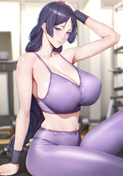 1girl arm_support bare_shoulders blush breasts cleavage collarbone commentary covered_erect_nipples covered_navel dumbbell fate/grand_order fate_(series) gym hand_on_own_head highres large_breasts long_hair looking_at_viewer minamoto_no_raikou_(fate) pants parted_bangs parted_lips purple_eyes purple_hair purple_pants purple_sports_bra smile solo sports_bra sweat sweatband symbol-only_commentary teeth very_long_hair wristband yoga_pants zucchini