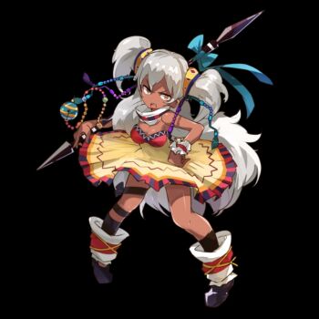 1girl aqua_bow black_background black_shoes black_socks bow breasts cleavage dark-skinned_female dark_skin dress full_body hair_between_eyes highres holding holding_polearm holding_weapon imelda_(merc_storia) large_breasts leg_warmers long_hair merc_storia merc_storia_art_team official_art open_mouth orange_eyes polearm scrunchie shoes simple_background socks solo standing strapless strapless_dress tachi-e teeth upper_teeth_only v-shaped_eyebrows very_long_hair weapon white_hair wrist_scrunchie