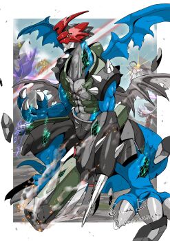 Rule 34 | angewomon, archnemon, arm cannon, armor, blue skin, blue wings, chin spike, claws, colored skin, digimon, digimon (creature), digimon adventure 02, dragon, electricity, green armor, grey wings, gun, helmet, highres, looking at viewer, multiple wings, paildramon, pegasmon, red eyes, red helmet, sawa d, shoulder spikes, spikes, weapon, wings, wireframe, x (symbol)