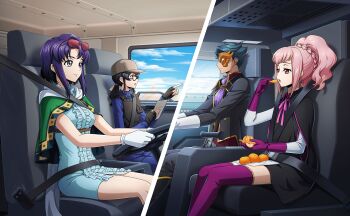 1boy 3girls anya_alstreim artist_request blue_eyes breasts cecile_croomy code_geass code_geass:_fukkatsu_no_lelouch code_geass:_lost_stories cyborg food fruit game_cg glasses green_eyes green_hair highres jeremiah_gottwald large_breasts long_hair multiple_girls nina_einstein non-web_source official_art orange_(fruit) pink_hair ponytail purple_hair red_eyes short_hair