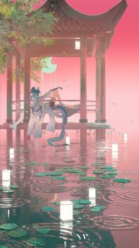 1girl absurdres architecture arknights arm_on_knee artist_name black_shorts blue_hair boots braid cattail coat cup east_asian_architecture highres holding holding_cup horns lake lantern leaf lily_pad ling_(arknights) long_hair looking_at_viewer lying moon paper_lantern pavilion plant pointy_ears red_theme reflection reflective_water shorts single_braid smile spill spilling tail toto_(caaaaarrot) tree water white_boots white_coat wide_sleeves