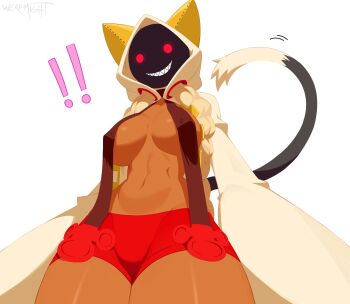 ! !! 1girl absurdres animal_hood blazblue blonde_hair braid breasts cat_hood cat_tail cowboy_shot dark-skinned_female dark_skin from_below glowing glowing_eyes grin hair_through_hood highres hood hood_up hoodie long_hair looking_at_viewer low_twin_braids medium_breasts navel open_clothes open_hoodie red_eyes red_shorts revealing_clothes sharp_teeth shorts signature simple_background smile solo standing tail taokaka teeth twin_braids werfmight white_background white_hoodie