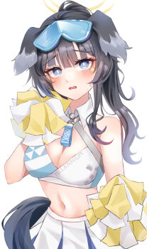 1girl absurdres animal_ears black_hair blue_archive blue_eyes blush breasts cheerleader commentary dog_ears dog_girl dog_tail goggles goggles_on_head halo hibiki_(blue_archive) hibiki_(cheer_squad)_(blue_archive) highres holding holding_pom_poms kim_leeyoon long_hair looking_at_viewer millennium_cheerleader_outfit_(blue_archive) navel official_alternate_costume open_mouth pom_pom_(cheerleading) pom_poms simple_background skirt solo star_(symbol) star_sticker sticker sticker_on_face symbol-only_commentary tail white_background yellow_halo
