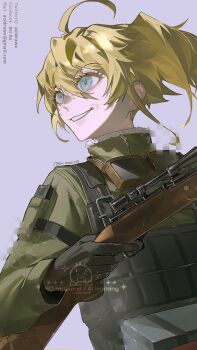 1girl aci_drawx ahoge artist_logo artist_name black_gloves blonde_hair blue_eyes fur_trim glitch gloves green_jumpsuit gun hair_between_eyes hand_up high_ponytail highres holding holding_gun holding_weapon huge_ahoge jumpsuit logo long_hair long_sleeves looking_to_the_side military military_uniform ponytail puffy_long_sleeves puffy_sleeves purple_background rifle sidelocks simple_background smile sniper_rifle solo tanya_degurechaff teeth upper_body watermark weapon youjo_senki zipper