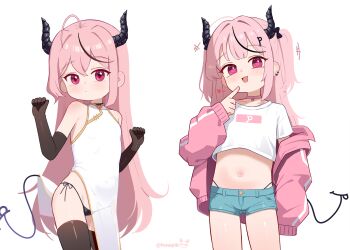 +++ 1girl :3 :d ahoge bare_shoulders black_choker black_gloves black_hair black_panties black_thighhighs blue_shorts blush china_dress chinese_clothes choker closed_mouth cowboy_shot crop_top cropped_shirt demon_girl demon_horns demon_tail denim denim_shorts dress ear_piercing elbow_gloves fang finger_to_mouth flat_chest gloves hair_between_eyes hair_ornament heart highleg highleg_panties highres horns jacket jacket_partially_removed loli long_hair long_sleeves looking_at_viewer mesugaki midriff multicolored_hair multiple_views navel off_shoulder open_clothes open_jacket open_mouth original panties panty_straps pelvic_curtain piercing pink_choker pink_eyes pink_hair pink_jacket puffy_long_sleeves puffy_sleeves red_eyes shirt short_shorts short_sleeves shorts side-tie_panties side-tie_peek side_slit simple_background skin_fang sleeveless sleeveless_dress sleeves_past_fingers sleeves_past_wrists smile sseopik streaked_hair string_panties symbol_in_eye tail thighhighs twitter_username two_side_up underwear very_long_hair virtual_youtuber white_background white_dress white_shirt