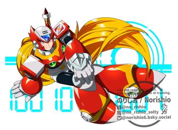Rule 34 | 1boy, armor, blonde hair, blue eyes, chest jewel, forehead jewel, full body, helmet, highres, long hair, male focus, mega man (series), mega man x (series), no-rishio, red armor, red helmet, simple background, sitting, solo, watermark, white background, zero (mega man)
