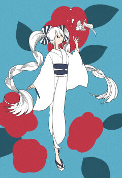 1girl alternate_costume alternate_hair_color bow braid commentary fish floral_background flower full_body hair_bow hand_up hashimochi hatsune_miku highres japanese_clothes kimono long_hair long_sleeves obi red_flower sash solo standing symbol-only_commentary twin_braids very_long_hair vocaloid white_hair white_kimono wide_sleeves