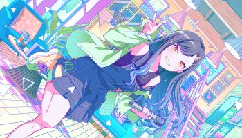 1girl basketball_hoop black_hair black_tank_top blue_hair blue_overalls breasts cafe cd colorful colorful_palette cup drinking_glass dutch_angle fingernails floating_hair game_cg go_all_out_(project_sekai) gradient_hair green_shirt green_socks hair_ornament highres holding holding_microphone indoors light_blush long_hair long_sleeves looking_at_viewer microphone multicolored_hair off_shoulder official_alternate_costume official_alternate_hair_ornament official_art open_clothes open_shirt orange_eyes orange_shoes overall_skirt overalls pillow project_sekai shiraishi_an shirt shoes small_breasts smile socks solo stairs standing standing_on_one_leg star_(symbol) star_hair_ornament star_print strap_slip striped_clothes striped_shirt tank_top teeth thick_lineart third-party_source triangle unbuttoned_sleeves v vertical-striped_clothes vertical-striped_shirt
