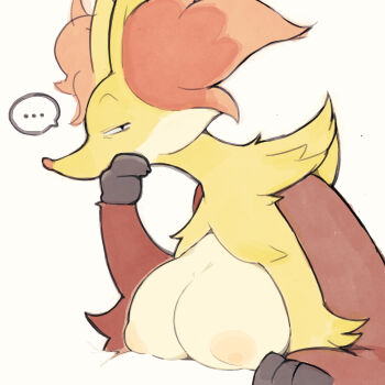... 1girl animal_ear_fluff animal_ears black_fur body_fur breasts covering_own_mouth delphox dodudoru fox_ears fox_girl furry furry_female gen_6_pokemon hand_over_own_mouth hand_up highres large_breasts looking_at_viewer multicolored_fur nintendo nipples orange_fur pokemon pokemon_(creature) puffy_nipples red_fur red_nose side-eyed snout solo spoken_ellipsis upper_body white_fur yellow_fur