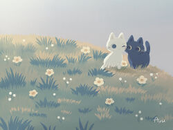 Rule 34 | animal focus, ayu (mog), black cat, cat, cheek-to-cheek, commentary, english commentary, field, flower, grass, heads together, hill, looking at another, no humans, one eye closed, original, outdoors, signature, white cat, white flower
