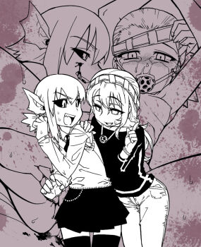 2girls ball_gag black_sclera blindfold blood chisui-san colored_sclera futaba_channel gag jikkentai-san monochrome monster_girl multiple_girls nijiura_maids propositioning