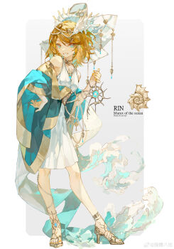 1girl absurdres blonde_hair chinese_commentary choker clenched_teeth collar commentary_request dress english_text fangs fingernails gem green_eyes green_hair hair_ornament hairclip hand_on_own_hip highres holding holding_shell jewelry kagamine_rin kagamine_rin_(vocaloid4) looking_at_viewer open_mouth pearl_(gemstone) pearl_hair_ornament pendant qungua sandals seashell shell shell_hair_ornament short_hair smile spread_legs teeth thigh_strap vocaloid water waves white_dress yellow_nails yifei_ba_chi