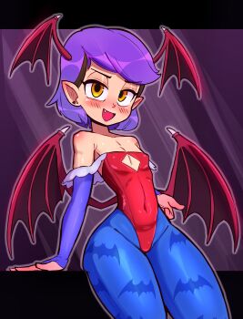 1girl amity_blight animal_print arm_support bat_print blue_pantyhose blush bridal_gauntlets brown_hair capcom cleavage_cutout clothing_cutout collarbone cosplay crossover darkstalkers demon_girl demon_wings diamond_cutout disney fang flat_chest halloween halloween_costume head_wings leotard lilith_(darkstalkers) lilith_(darkstalkers)_(cosplay) loli looking_at_viewer multicolored_hair open_mouth pantyhose pointy_ears print_pantyhose purple_background purple_hair red_leotard rukisan(pixiv) short_hair smile standing strapless strapless_leotard the_owl_house two-tone_hair wide_hips wings yellow_eyes