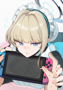 1boy 1girl absurdres apron black_dress blonde_hair blue_archive blue_eyes blue_halo closed_mouth commentary_request doodle_sensei_(blue_archive) dress frown halo handheld_game_console highres holding holding_handheld_game_console holding_hands koyuuuuuuuuuuu maid maid_headdress nintendo_switch portrait pov pov_hands reflection sensei_(blue_archive) sweat toki_(blue_archive) white_apron