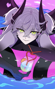 1girl absurdres bare_shoulders bat_wings bendy_straw colored_extremities commentary_request demon_horns drink drinking_straw fate/grand_order fate_(series) food fruit glass green_eyes highres horns innertube lemon lemon_slice lilith_(fate) lilith_(stormy_night)_(fate) long_hair looking_at_viewer marumaru_i_mo smile solo swim_ring swimsuit twintails water wings
