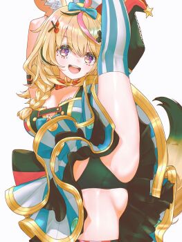 1girl :d absurdres ahoge animal_ear_fluff animal_ears anversailles arm_strap armpits arms_up ass asymmetrical_legwear black_hair black_panties blonde_hair blue_bow blue_skirt blue_thighhighs bow bowtie braid breasts cleavage commentary commission double-parted_bangs facial_mark fox_ears fox_girl fox_tail hair_between_eyes hair_bow hair_ornament hair_over_shoulder hairclip hat heart heart-shaped_pupils highres holding_own_leg hololive jester_cap layered_skirt leg_lift long_hair looking_at_viewer mark_under_eye miniskirt mismatched_legwear multicolored_hair omaru_polka omaru_polka_(1st_costume) open_mouth panties pink_hair pink_thighhighs purple_eyes red_bow red_bowtie shirt side_braid simple_background single_braid skirt sleeveless sleeveless_shirt smile solo split standing standing_on_one_leg standing_split streaked_hair striped_clothes striped_skirt striped_thighhighs symbol-only_commentary symbol-shaped_pupils tail teeth thighhighs tilted_headwear traditional_bowtie underwear upper_teeth_only variant_set vertical-striped_clothes vertical-striped_skirt vertical-striped_thighhighs virtual_youtuber white_background x_hair_ornament