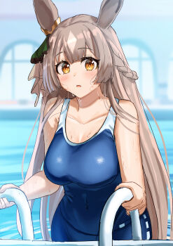 1girl absurdres animal_ears bare_shoulders blue_one-piece_swimsuit blush braid breasts brown_eyes brown_hair collarbone commentary_request competition_school_swimsuit covered_navel double-parted_bangs ear_ornament hair_between_eyes half_up_braid highres horse_ears horse_girl large_breasts long_hair looking_at_viewer multicolored_hair one-piece_swimsuit ooeyama parted_lips pool_ladder poolside satono_diamond_(umamusume) school_swimsuit single_vertical_stripe solo streaked_hair swimsuit tracen_swimsuit umamusume very_long_hair water wet