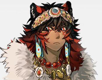 Rule 34 | 1boy, animal ears, bead necklace, beads, black hair, blue eyes, colored inner hair, commentary, english commentary, face piercing, grey background, hibashied, jewelry, lion boy, lion ears, long hair, looking at viewer, male focus, multicolored eyes, multicolored hair, necklace, nose piercing, original, piercing, portrait, red eyes, red hair, simple background, solo