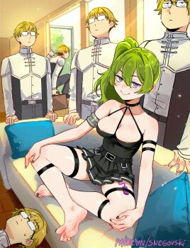 1girl 5boys arm_strap bare_shoulders black_choker black_dress breasts casting_couch choker clone couch cushion dress fleeing green_hair hair_between_eyes hands_on_own_knees highres imminent_gangbang indian_style land_(sousou_no_frieren) looking_at_viewer medium_breasts meme multiple_boys on_couch piper_perri_surrounded_(meme) purple_eyes sex_toy side_ponytail sitting smile snegovski sousou_no_frieren surrounded thigh_strap ubel_(sousou_no_frieren) vibrator vibrator_under_clothes