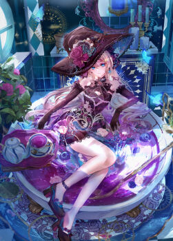 1girl anklet bare_shoulders bathroom bathtub black_shoes blackberry_(fruit) block_heels blonde_hair blue_butterfly blue_eyes blueberry bow bowtie breasts brown_bow brown_bowtie brown_dress brown_gloves brown_hat bug butterfly butterfly_hat_ornament candelabra candle candlestand claw_foot_bathtub cleavage_cutout closed_mouth clothing_cutout commentary_request counter cup dress dress_flower earrings elbow_gloves elbow_rest expressionless floral_print flower flower_on_liquid food footwear_flower frilled_dress frills fruit fruit_on_liquid full_body gloves hair_between_eyes hat hat_flower hat_ornament high_heels highres in_container in_cup insect jewelry komorihikki lace lace-trimmed_dress lace_trim long_hair looking_at_viewer magic_circle mirror mismatched_earrings original oversized_object partially_submerged pink_flower pink_rose plant potted_plant purple_flower purple_rose raspberry rose round_window saucer serving_cart shoes short_dress sitting sleeveless sleeveless_dress solo spoon tea teacup teacup_earrings teapot thorns tray two-sided_dress two-sided_fabric two-sided_headwear very_long_hair white_flower white_rose window witch witch_hat yokozuwari