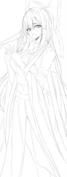 Rule 34 | 1girl, 7saki, :d, ascot, bare shoulders, bow, breasts, collared vest, commentary request, cowboy shot, cropped vest, detached sleeves, frilled bow, frills, hair bow, hair tubes, hakurei reimu, hands up, highres, huge bow, large breasts, lineart, long skirt, long sleeves, looking at viewer, midriff, navel, open mouth, own hands together, simple background, sketch, skirt, smile, solo, standing, touhou, unfinished, vest, wide hips