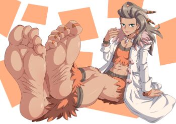 1girl abs asymmetrical_hair bangs_pinned_back barefoot breasts brown_hair collarbone cone_hair_bun crop_top dark-skinned_female dark_skin earrings eyelashes feet female_focus fingernails foot_focus forehead full_body hair_bun hair_ornament hand_up highres jewelry knees light_smile lips long_hair mature_female medium_breasts messy_hair midriff nail_polish navel neck necklace nintendo orange_nails orange_shirt orange_shorts orange_toenails outstretched_legs pendant pokemon pokemon_sv professor_sada shirt short_shorts shorts sitting soles thighs toenail_polish toenails toes toned toned_female torn_clothes wristband zanyonepip