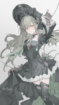 1girl absurdres ajirui animal_ears arm_up bang_dream! bang_dream!_it's_mygo!!!!! black_bonnet black_dress black_gloves black_thighhighs bonnet closed_mouth commentary_request dress earrings feet_out_of_frame floppy_ears frilled_dress frills gloves gothic_lolita green_hair grey_background hair_ornament highres jewelry lolita_fashion long_hair long_sleeves looking_at_viewer puppet_strings rabbit_ears rabbit_girl short_dress sidelocks simple_background skirt_hold solo sparkle standing thighhighs wakaba_mutsumi wakaba_mutsumi_(marionette's_id) x_hair_ornament yellow_eyes