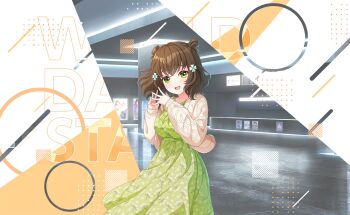 1girl :d blush bow brown_hair dress game_cg green_dress green_eyes hair_ornament hairclip highres long_sleeves looking_at_viewer open_mouth shiromaru_mito short_hair sign smile solo standing sweater third-party_source virtual_youtuber world_dai_star