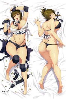 &gt;_&lt; 2girls ;d aliasing ammunition ass back barefoot black_bra black_gloves black_necktie black_panties black_shorts blush bra breasts brown_eyes brown_hair butt_crack chibi chibi_on_breast crop_top curvy dakimakura_(medium) elbow_pads fingerless_gloves folded_ponytail gloves goggles goggles_on_head gun hair_ornament highres holding_necktie jpeg_artifacts kisaragi_chitose knee_pads knee_up large_breasts looking_at_viewer looking_back lying micro_shorts midriff multiple_girls multiple_views navel necktie nine_(super_robot_wars) official_art on_back on_stomach one_eye_closed open_mouth panties panty_pull resized shorts sidelocks smile stomach strap_pull super_robot_wars super_robot_wars_v sweat teeth twintails underwear underwear_only upper_teeth_only upscaled watanabe_wataru_(character_designer) weapon white_hair x_hair_ornament
