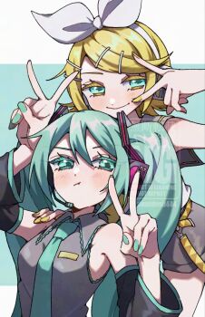 2girls :t aqua_eyes aqua_hair aqua_nails aqua_necktie black_sleeves blonde_hair bow breasts commentary detached_sleeves domidomi444 double_v grey_sailor_collar grey_shirt grey_shorts hair_ornament hairclip half-closed_eyes hatsune_miku headphones headset highres kagamine_rin long_hair looking_at_viewer medium_breasts multiple_girls necktie parallel_hairclips sailor_collar shirt short_hair shorts sleeveless sleeveless_shirt smile twintails untranslatable_commentary v very_long_hair vocaloid white_bow white_shirt yellow_nails yellow_trim
