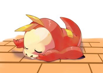 Rule 34 | brick floor, caramel pkmn, closed eyes, commentary request, fang, fuecoco, full body, highres, lying, nintendo, no humans, on floor, on stomach, pokemon, pokemon (creature), sleeping