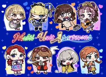 6+girls :< :d :o :t ;3 absurdres acoustic_guitar angel_(multi-unit_apartment) arm_up arms_behind_back asymmetrical_bangs asymmetrical_hair ava_(multi-unit_apartment) banknote bead_necklace beads belted_jacket black-framed_eyewear black_boots black_ribbon black_shirt black_shoes black_skirt blonde_hair blue_background blue_eyes blue_shirt blue_skirt blunt_bangs blunt_ends blush_stickers bob_cut book boots bottle bow bowtie braid braided_bangs brown_eyes brown_hair brown_skirt cellphone_charm charm_(object) chibi chibi_only cigarette cleaning_gun clothing_request coat cocked_eyebrow coco_(multi-unit_apartment) commentary copyright_name counting_money cowboy_boots curly_hair curtained_hair earrings english_commentary everyone eyebrow_piercing eyelashes eyewear_on_head face_piercing freckles frilled_bag frilled_socks frills full_body glasses gold_earrings gold_ring gold_scrunchie green_eyes green_skirt grey_skirt guitar gun hair_ornament hair_over_shoulder hair_ribbon hairpin half_up_braid half_updo hand_on_own_hip hand_up handkerchief hannah_(multi-unit_apartment) heart heart-shaped_bag high_ponytail highres holding holding_book holding_bottle holding_gun holding_money holding_mop holding_trophy holding_weapon hoop_earrings instrument isabella_(multi-unit_apartment) jacket jersey jewelry key keyring knee_up kneehighs lace-up_boots lapels leather leather_jacket legs_apart lillian_(multi-unit_apartment) long_hair long_sleeves looking_at_another looking_at_viewer looking_to_the_side low_block_heels mature_eyes medium_skirt money mop mouth_hold multi-unit_apartment multicolored_hair multicolored_jacket multicolored_shoes multiple_girls music necklace neon_lights notched_lapels omt_8mt one_eye_closed open_clothes open_coat open_jacket open_mouth orange_hair orange_shirt outline own_hands_together pale_skin pants parted_bangs pearl_earrings piercing pink_hair pink_shirt plaid_clothes plaid_skirt playing_guitar playing_instrument pleated_skirt ponytail puffy_cheeks purple_eyes purple_shoes raised_eyebrows raised_inner_eyebrows red-framed_eyewear red_coat red_hair red_shoes ribbon ring round_eyewear selfie_stick shirt shoes short_bangs short_hair silver_earrings singing single_bare_foot single_slipper sitting skirt sleeve_cuffs slippers smile smoking socks sparkle standing standing_on_one_leg straight_hair streaked_hair sunglasses swept_bangs tareme trophy twin_braids two-tone_jacket two-tone_shoes unworn_slippers v-shaped_eyebrows vest vivi_(multi-unit_apartment) wavy_hair weapon wedding_ring white_bag white_bow white_bowtie white_hair white_outline white_shirt white_slippers white_socks yellow_pants yellow_shirt zoe_(multi-unit_apartment)