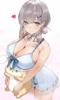 1girl absurdres bloomers blue_bloomers blue_choker blue_nightgown breasts choker cleavage dan'in-san_(shirogane_noel) frilled_shorts frills green_eyes grey_hair hair_ornament heart highres hololive large_breasts looking_at_viewer nightgown official_alternate_costume official_alternate_hairstyle shirogane_noel shirogane_noel_(9th_costume) shorts simple_background smile solo string_choker tomo0843 underwear virtual_youtuber