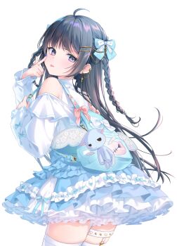 Rule 34 | 1girl, absurdres, ahoge, backpack, bag, bare shoulders, black hair, blue bow, blue eyes, blue skirt, blush, bow, braid, commentary request, earrings, hair bow, hair ornament, hairclip, highres, jewelry, long hair, long sleeves, looking at viewer, original, pink bow, shirt, simple background, skirt, thigh strap, thighhighs, tojo (natumi1412), tongue, tongue out, very long hair, white background, white shirt, white thighhighs