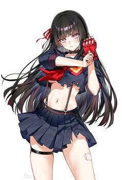 1girl black_choker black_hair black_serafuku black_skirt breasts chisa_(wuthering_waves) choker closed_mouth collarbone commentary_request cosplay fingerless_gloves foxyreine gloves hair_ribbon highres kill_la_kill light_blush long_hair looking_at_viewer matoi_ryuuko matoi_ryuuko_(cosplay) mole mole_under_eye navel partial_commentary red_eyes red_gloves red_ribbon ribbon school_uniform senketsu serafuku shirt signature single_fingerless_glove skirt solo stomach suspender_skirt suspenders thigh_strap thighs torn_clothes torn_shirt underboob v-shaped_eyebrows wuthering_waves