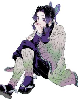 1girl animal_print bug butterfly butterfly_hair_ornament butterfly_print checkered_haori demon_slayer_uniform gradient_hair hair_ornament haori insect japanese_clothes kendama_01 kimetsu_no_yaiba kochou_shinobu multicolored_hair solo