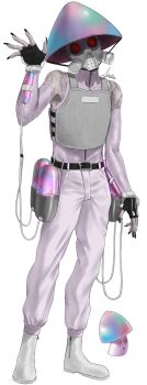 1boy @_@ absurdres ankle_boots arm_at_side artist_name artrextino bare_shoulders belt black_belt black_gloves black_nails boots commentary_request elbow_gloves fingerless_gloves fsb full_body gas_mask gloves grey_armor grey_mask hand_up hat head_tilt highres hypno-shroom_(plants_vs._zombies) jumpsuit male_focus mask multicolored_gloves mushroom_hat nail_polish personification pink_gloves pink_jumpsuit plants_vs._zombies simple_background sleeveless_jumpsuit solo spanish_commentary standing two-tone_gloves veins veiny_arms white_background white_boots zipper