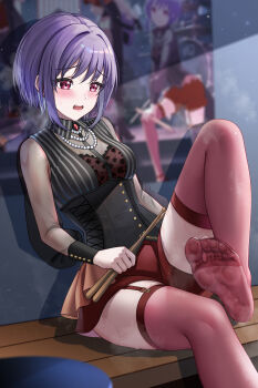 1girl absurdres ave_mujica_(bang_dream!) bang_dream! bang_dream!_it's_mygo!!!!! black_dress blush breasts dress drumsticks feet foot_focus from_side garter_belt highres holding holding_drumsticks jewelry looking_down medium_breasts necklace no_shoes open_mouth pearl_necklace pink_eyes poster_(object) purple_hair red_thighhighs reiku09 shadow short_hair sitting smell soles solo thighhighs yuutenji_nyamu