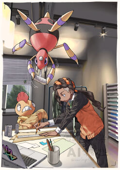 1boy ariados black_hair black_pants black_shirt bug closed_mouth collared_shirt colored_sclera commentary_request computer cup dark-skinned_male dark_skin dreadlocks fabric gen_2_pokemon gen_5_pokemon green_necktie highres holding holding_pencil how_long laptop long_hair long_sleeves measuring naveen_(pokemon) necktie nintendo open_mouth orange_vest pants pencil pokemon pokemon_(creature) pokemon_legends:_z-a purple_eyes purple_sclera ruler scrafty shirt silk smile spider spinarak teeth vest