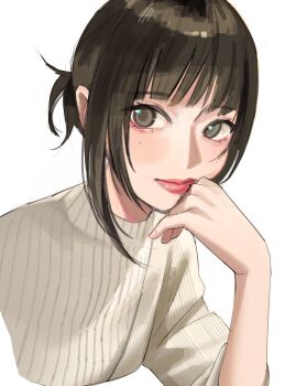 1girl blush brown_eyes brown_hair choppy_bangs commentary fingernails hand_on_own_face highres long_sleeves looking_at_viewer mole mole_under_eye original pink_lips portrait ribbed_sweater seto_jiro sidelocks simple_background solo sweater symbol-only_commentary thick_lips updo upper_body very_big_eyes white_background