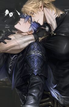 Rule 34 | 2boys, absurdres, black gloves, blonde hair, blue eyes, blue hair, blush, closed mouth, commentary, drooling, flins (genshin impact), genshin impact, gloves, highres, long sleeves, male focus, multiple boys, scar, scar on arm, scar on face, scar on neck, short sleeves, symbol-only commentary, varka (genshin impact), veins, vyqi, yaoi, yellow eyes